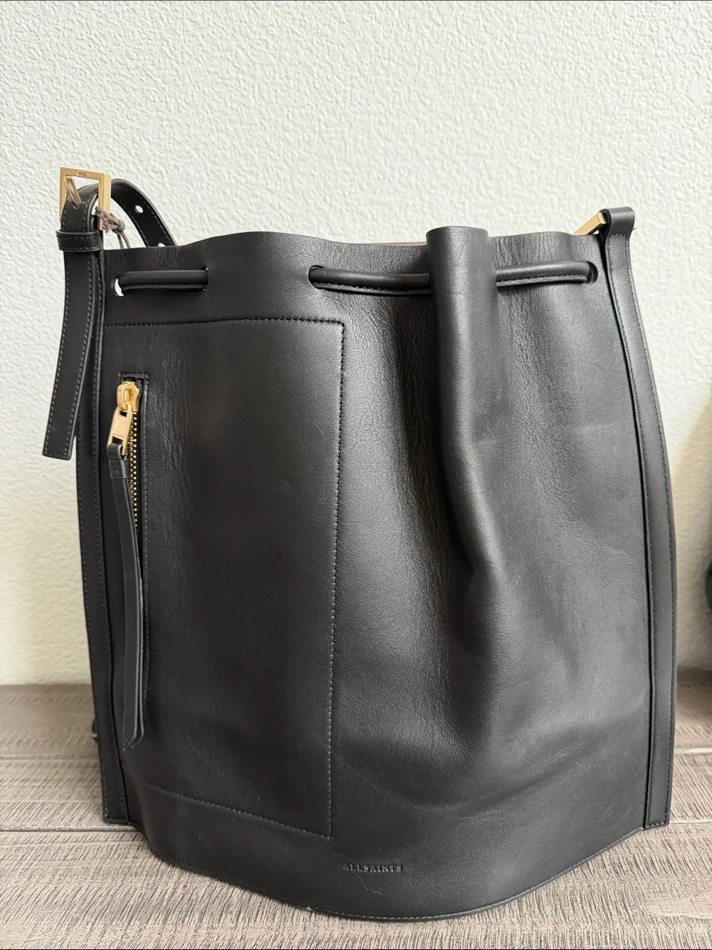 AllSaints Black Leather Drawstring Backpack NWT